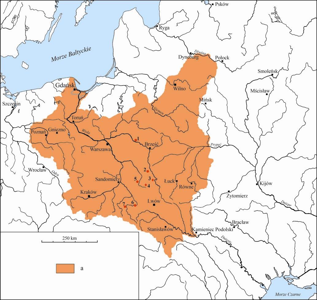 II RZECZPOSPOLITA PO TRAKTACIE RYSKIM (1921) 1 - Drohiczyn; 2 Chełm (tuż obok Stołpie); 3 Gródek; 4 Czermno; 5 - Sąsiadka; 6 - Przemyśl; 7 - Trepcza.
