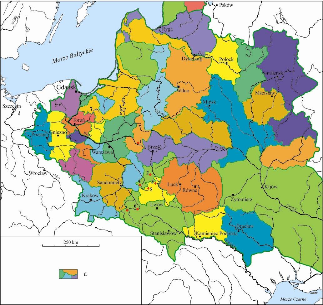 PODZIAŁ ADMINISTRACYJNY RZECZPOSPOLITEJ OBOJGA NARODOW (ok. 1619) 1 - Drohiczyn; 2 Chełm (tuż obok Stołpie); 3 Gródek; 4 Czermno; 5 - Sąsiadka; 6 - Przemyśl; 7 - Trepcza.