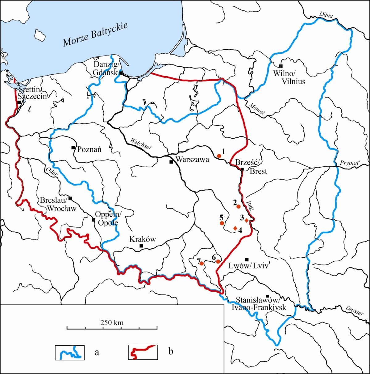ZMIANA GRANIC POLSKI W DRUGIEJ FAZIE II WOJNY SWIATOWEJ (1943-45) 1 - Drohiczyn; 2 Chełm (tuż obok Stołpie); 3 Gródek; 4 Czermno; 5 - Sąsiadka; 6 - Przemyśl; 7 - Trepcza.