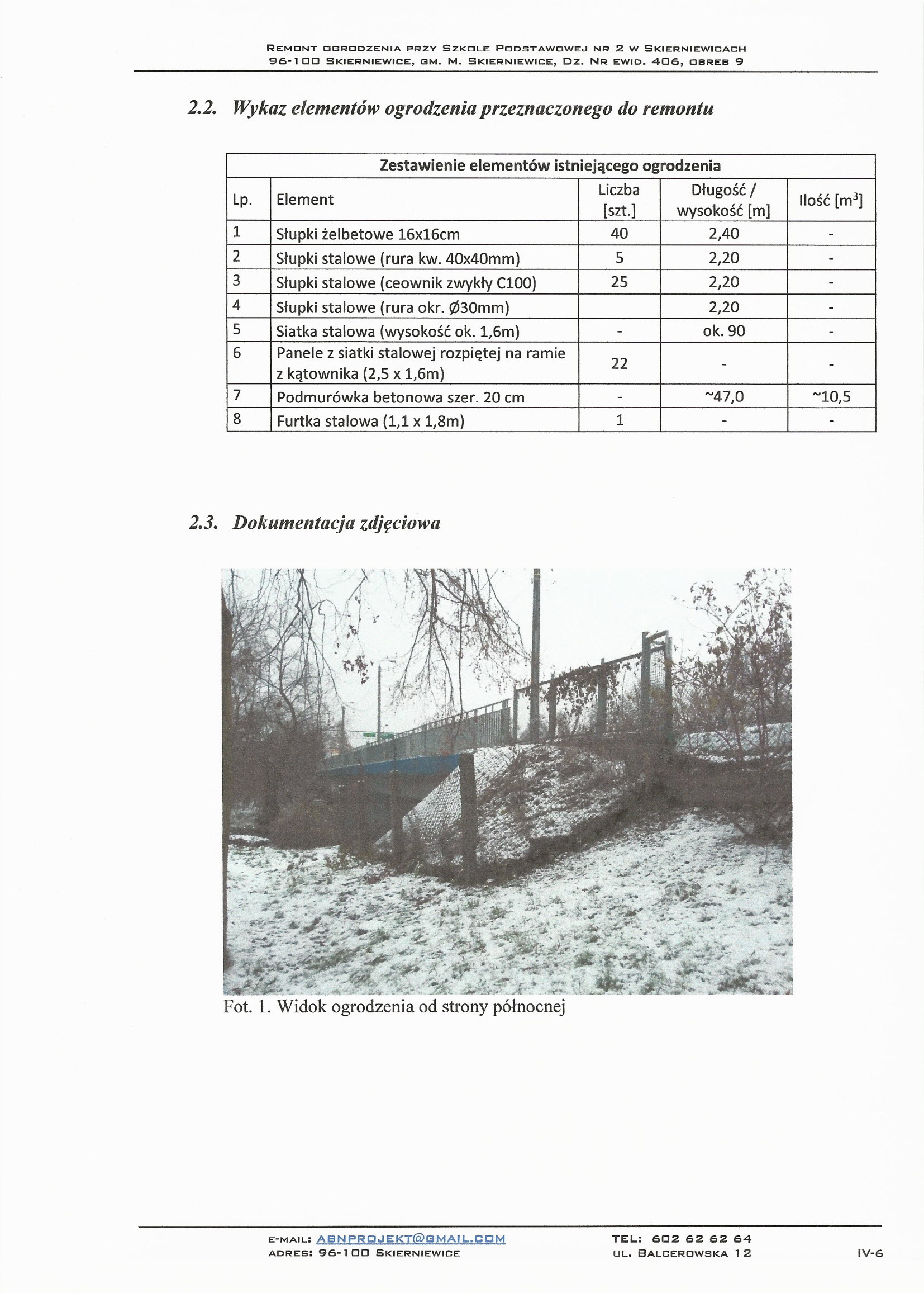 96-1 DO SKIERNIEWICE, GM. M. SKIERNIEWICE, Dz. NR EWID. 406, obreb 9 2.2. Wykaz elementów ogrodzenia przeznaczonego do remontu Lp.