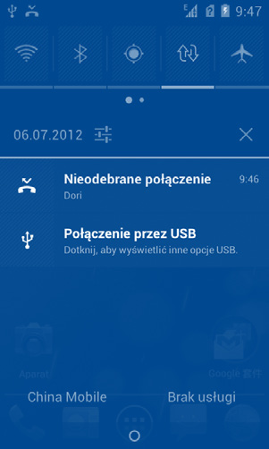 Ikony powiadomień Panel powiadomień Dotknij paska stanu i przeciągnij go w dół, aby otworzyć panel powiadomień. Dotknij i przeciągnij panel w górę, aby go zamknąć.