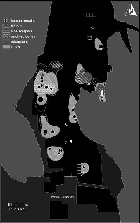 ARTEFACT in SPATIAL ARRANGEMENTS. Kshemienitsa concentration site region 33 Fig. 2. K lna Cave. Spatial distribution of finds in the layer 7a (prepared by P.