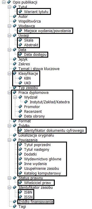 Opis pojedynczej publikacji schemat Podstawowy schemat uzupełniono o 25 elementów, które uznano za niezbędne do jak najpełniejszego opisania