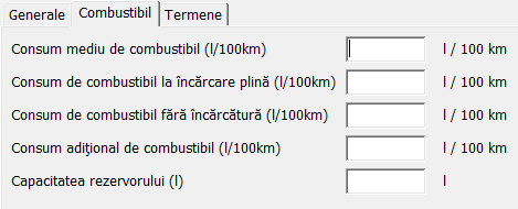 Termene lista de date importante pentru modulul-alarmă. Datele din fişa Combustibil sunt folosite pentru alcătuirea rapoartelor de combustibil pe baza alimentărilor la plin.