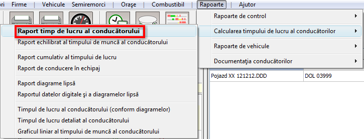 11. Evidenţa timpului de lucru al şoferilor Modulul de evidenţă poate fi accesat la Rapoarte/Calcularea timpului de lucru al conducătorilor/raport timp de lucru al conducătorului.