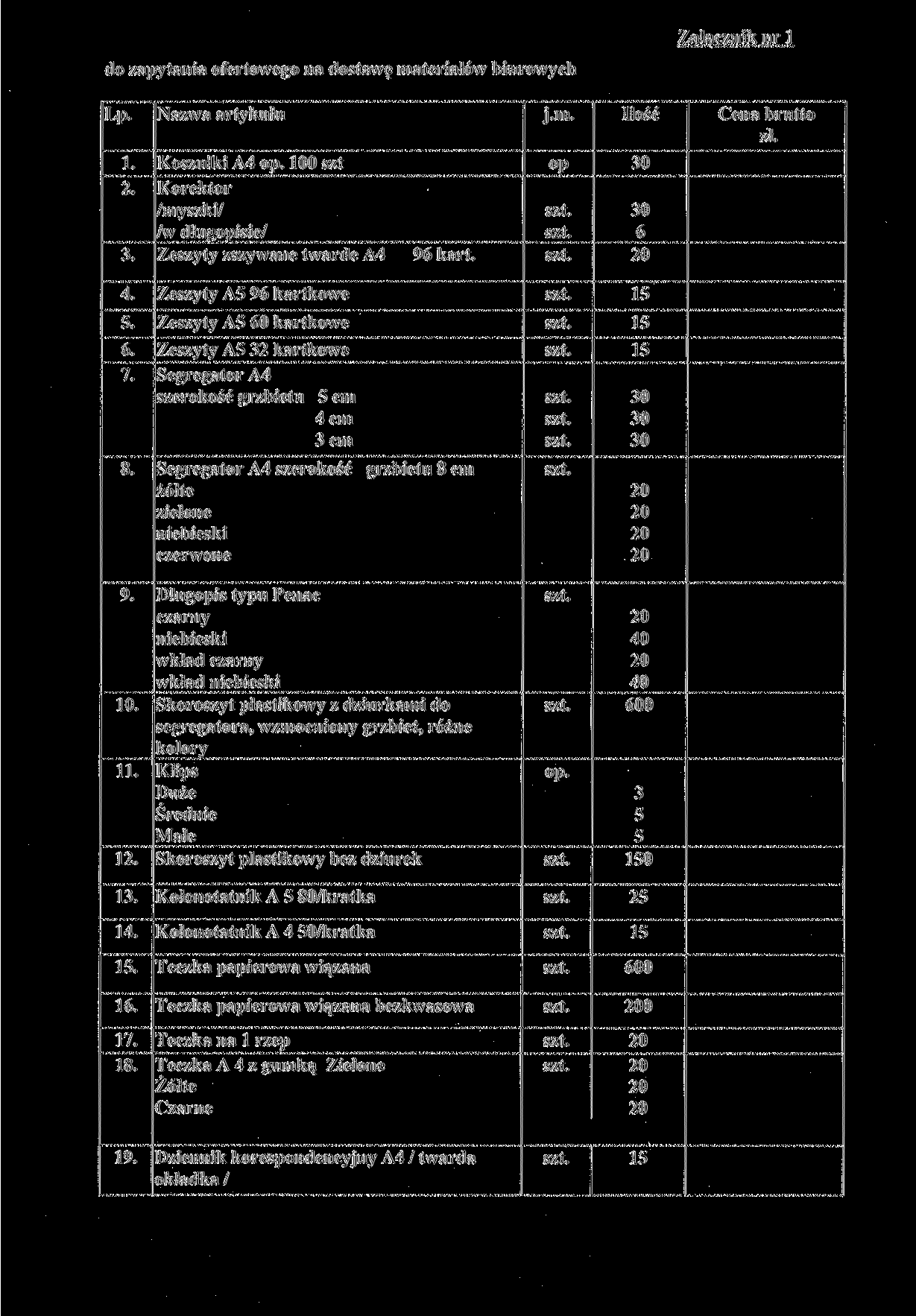Załącznik nr l do zapytania ofertowego na dostawę materiałów biurowych Lp. Nazwa artykułu j. m. Ilość Cena brutto zł. 1.