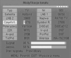 Przywróć domyślne Po wciśnięciu przycisku OK w tym menu, nastąpi wykasowanie listy kanałów, oraz powrót do ustawień domyślnych urządzenia. Przycisk EXIT umożliwia odwołanie operacji. Rys.