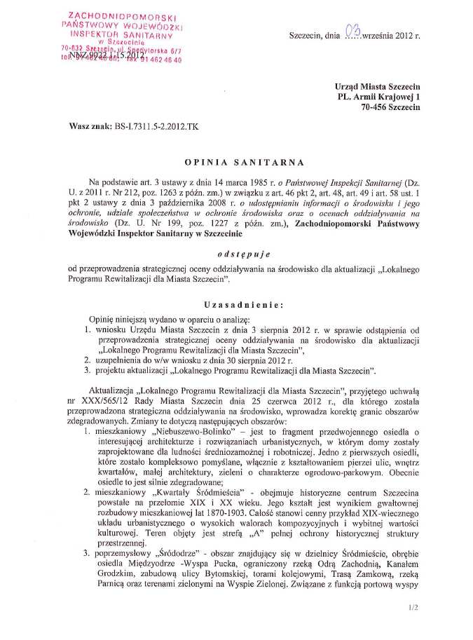 Opinia sanitarna Zachodniopomorskiego Państwowego Wojewódzkiego