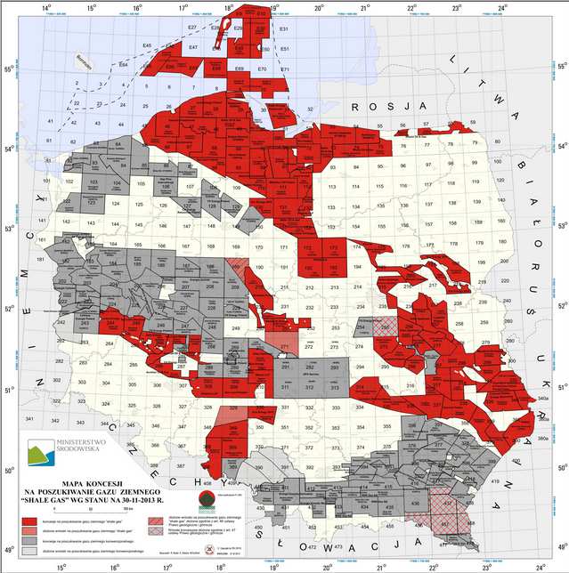 Rys.8. Mapa koncesji na poszukiwanie i rozpoznawanie gazu łupkowego wg stanu na dzień 30 listopada 2013r.