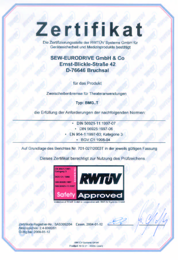 3 Certyfikat Wskazówki dotyczące bezpieczeństwa 3 Certyfikat Hamulec dwutarczowy BMG.