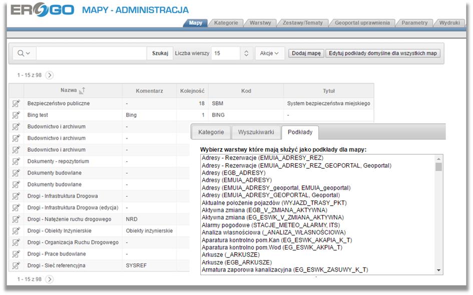 Pełna konfiguracja map tematycznych ERGO posiada specjalistyczne narzędzia konfiguracyjne dostępne dla administratorów systemu, zapewniające przygotowanie odpowiednich kompozycji mapowych dostępnych