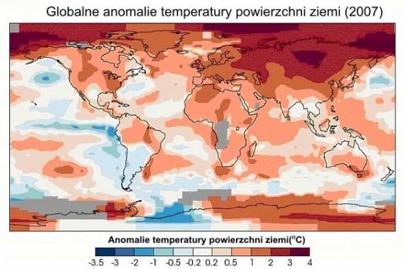 7.08. Zmiany temperatury w róŝnych regionach świata w 2007 roku względem średniej 30.