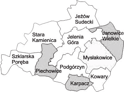 Diagnoza bezrobocia osób niepełnosprawnych w powiecie jeleniogórskim 183 Rys. 1. Podział administracyjny powiatu jeleniogórskiego Źródło: www.