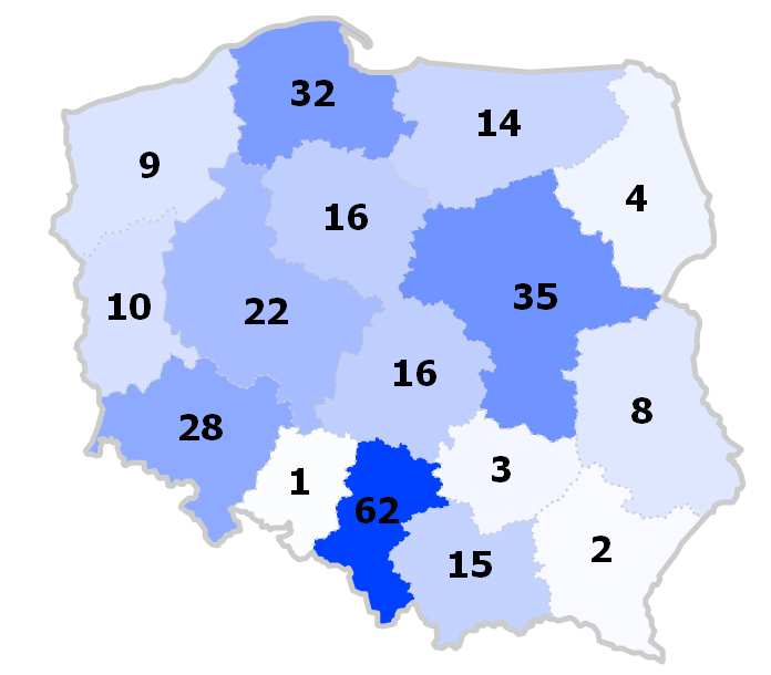 Opolskie Podkarpackie Świętokrzyskie Podlaskie Lubelskie Zachodniopomorskie Lubuskie Warmińsko-Mazurskie Małopolskie Łódzkie Kujawsko-pomorskie Wielkopolskie Dolnośląskie Pomorskie Mazowieckie