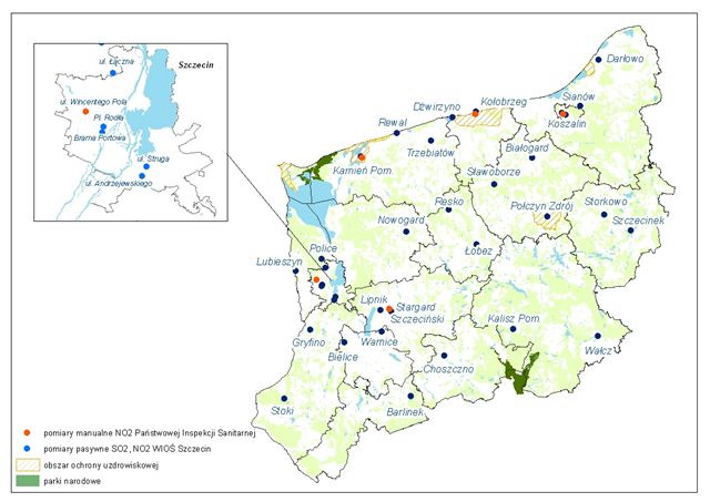 Mapa 3.2. Lokalizacja automatycznych i manualnych stacji pomiarowych na potrzeby oceny jakości powietrza za 2008 r.