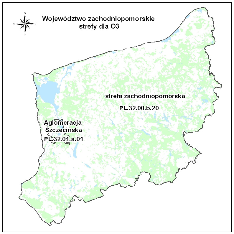 Mapa 2.1. Podział województwa zachodniopomorskiego na strefy dla celów oceny jakości powietrza za 2008 r.