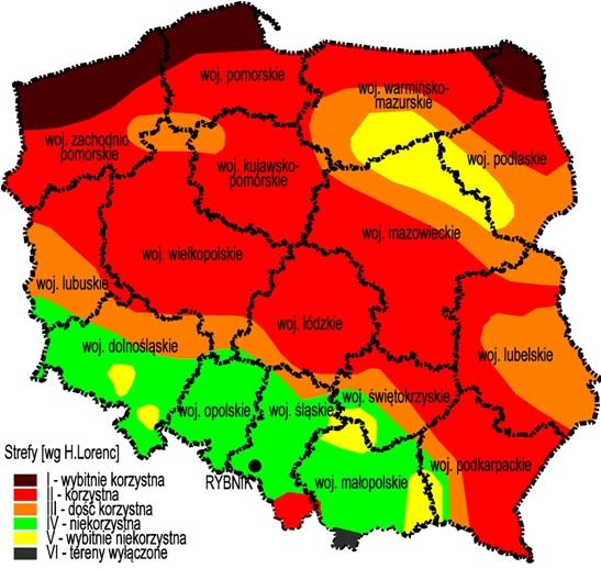 Rysunek 11-1. Strefy energetyczne wiatru na obszarze Polski (wg prof. H. Lorenc) Źródło: Opracowanie własne na podstawie Halina Lorenc, IMGW, 2001 r.