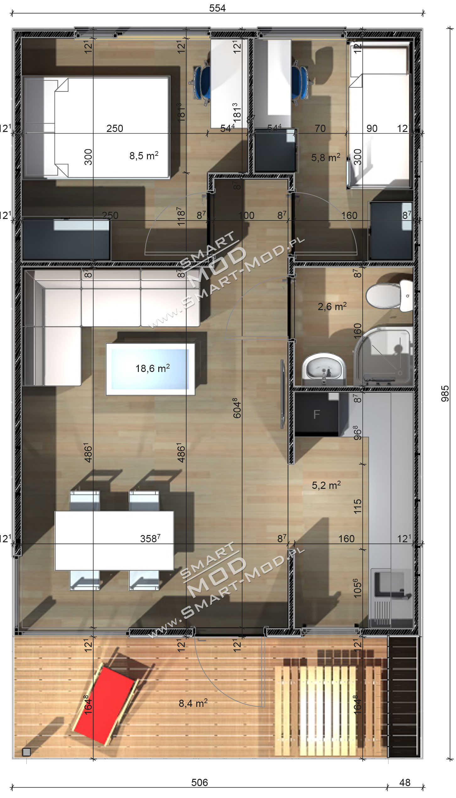 SmartMod - Domki kempingowe strona 6 Rzut Zestawienie pomieszczeń: 1. Salon - 18,6m 2 2. Sypialnia duża - 8,5m² 3.