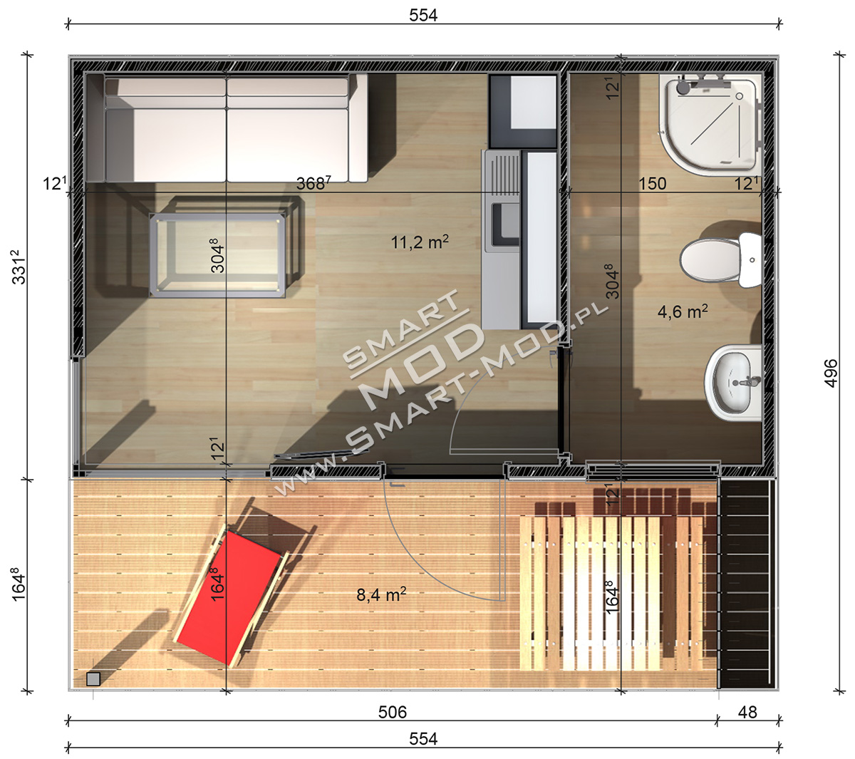 SmartMod - Domki kempingowe strona 8 Rzut Zestawienie pomieszczeń: 1. Sypialnia 11,2m² 2.