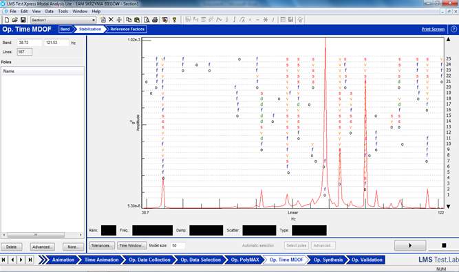 157 Rys. 7.42. Moduł Op. Time MDOF oraz przykładowy diagram stabilizacji Estymacja parametrów modelu modalnego wymaga zdefiniowania zakresu badanej częstotliwości drgań badanego obiektu.