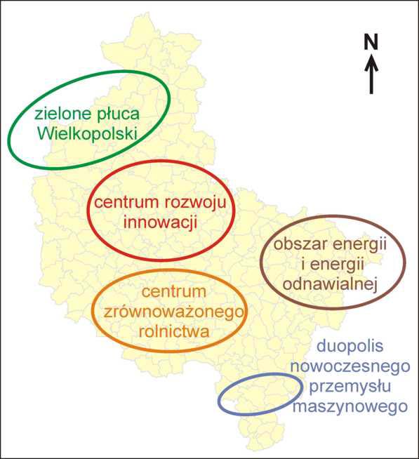 Rycina 91. Potencjalne centra rozwoju gospodarczego regionu Źródło: Ratajczak W. i in.