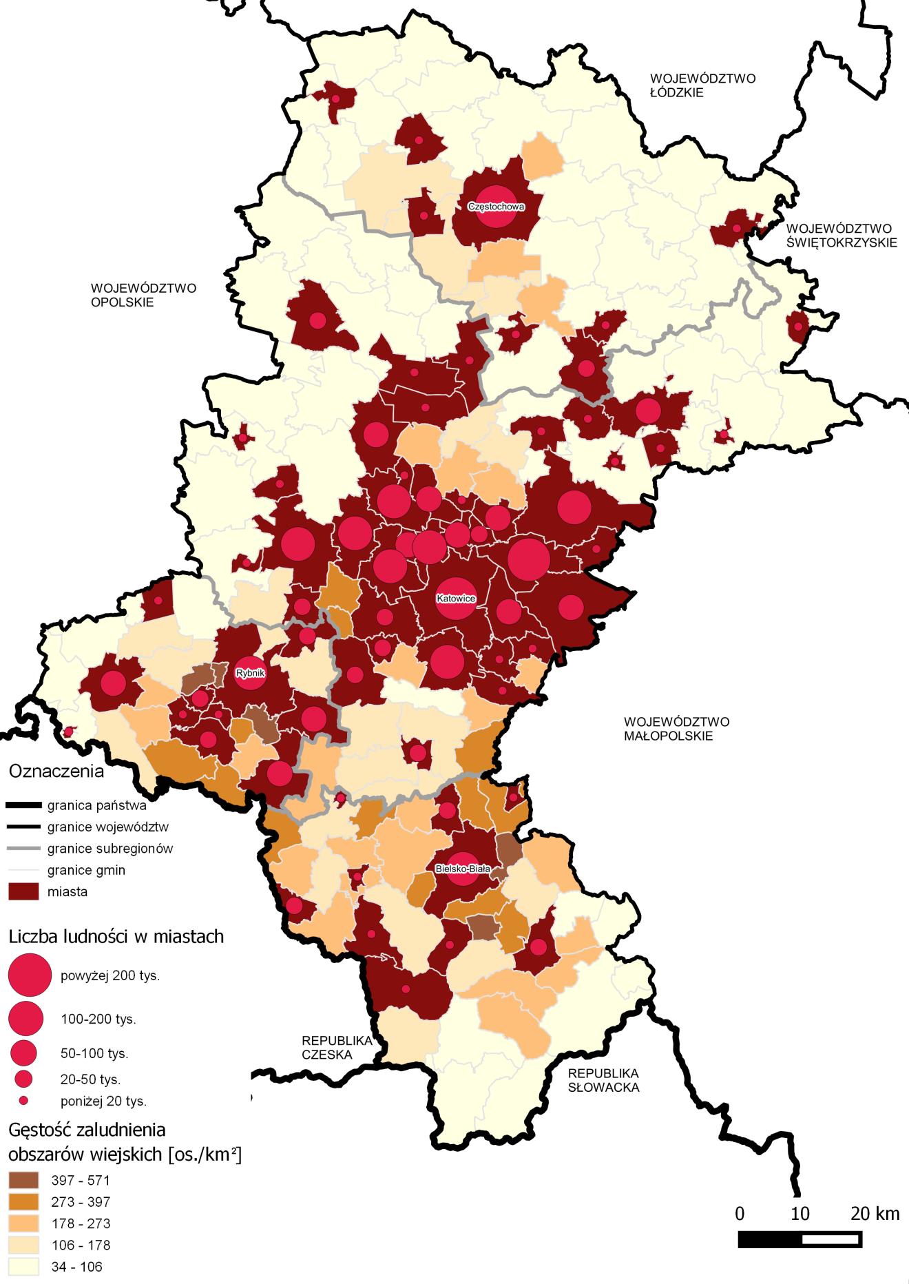 Mapa 1. Rozmieszczenie ludności w województwie śląskim.