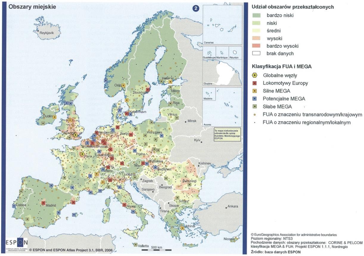 Rysunek 2. Klasyfikacja ośrodków miejskich w Unii Europejskiej wg klasyfikacji ESPON. Źródło: Koncepcja Przestrzennego Zagospodarowania Kraju 2030.