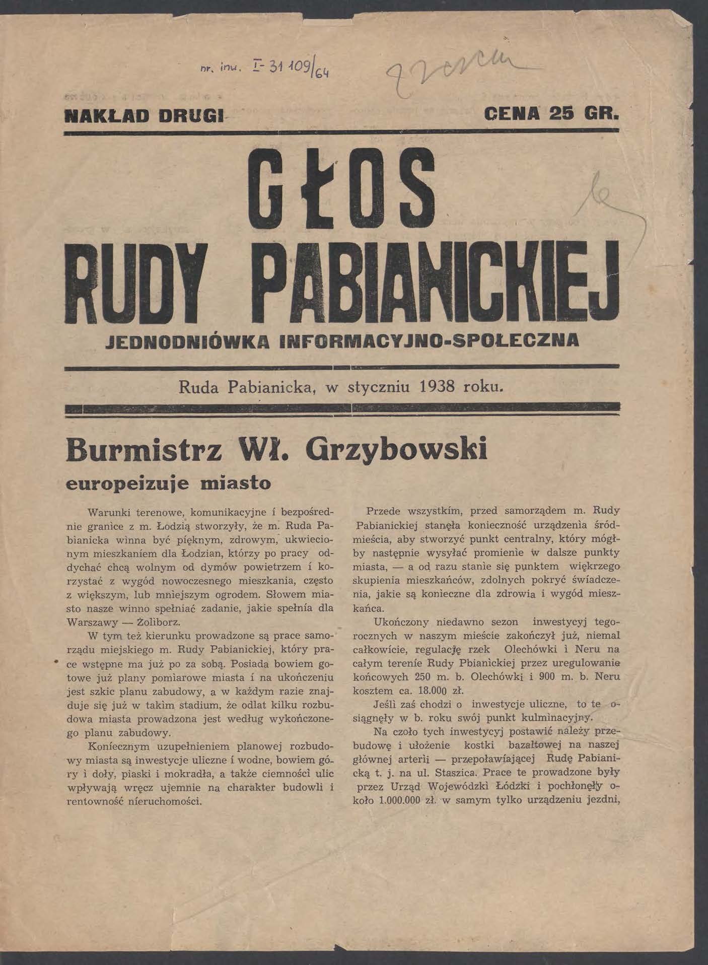 NAKLAD DRUGI- CENA 25 GR. JEDNODNIÓWKA INFORMACY JNO SPOLECZNA.... - Burmistrz Wł. Grzybowski Ruda Pabianicka, w styczniu 1938 roku.