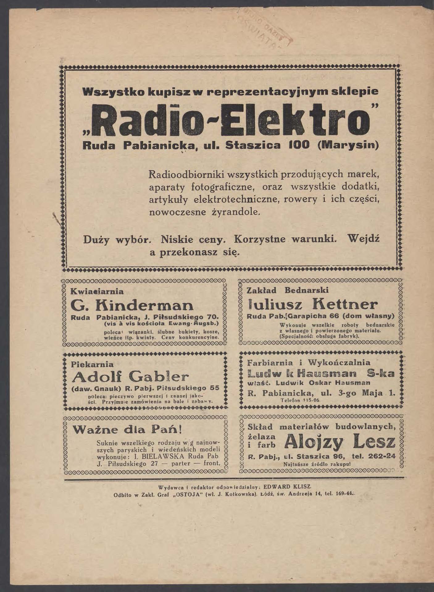 Wszystko kupisz w reprezentacyjnym sklepie Radio-Elek tro" Ruda Pabianicka, ul. Staszica 100 (~arysin) '.