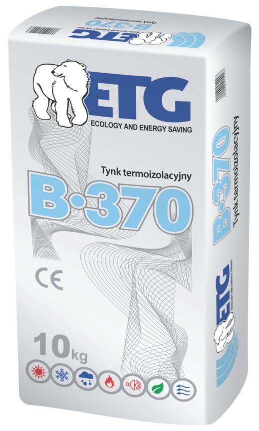 Zaprawa tynkarska izolująca cieplnie ETG B- 370 przeznaczona jest do prac zewnętrznych i wewnętrznych na mineralnych podstawach (gazobeton, pianobeton, bloczki ceramiczne, pustak, perlitobeton,