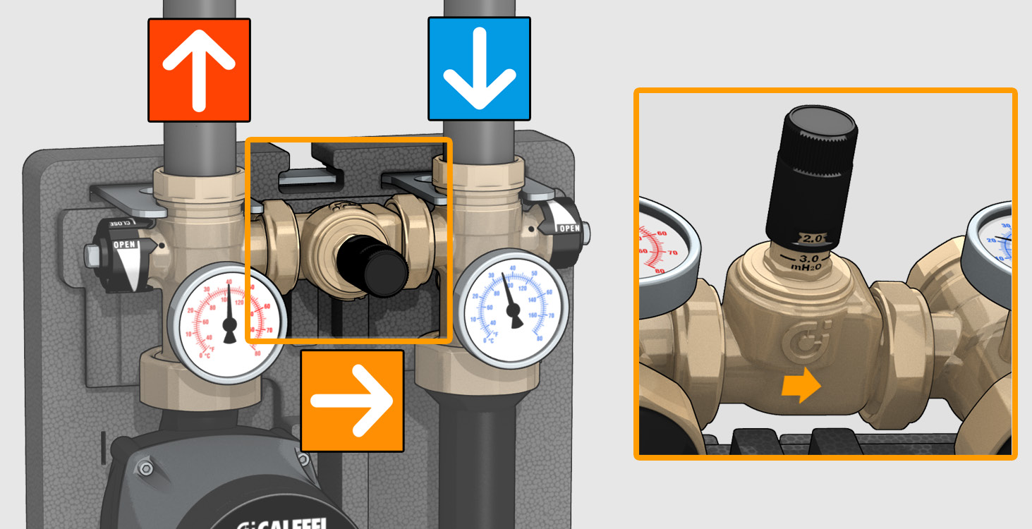 Po zamknięciu zaworów przy pomocy załączonego klucza, należy odkręcić nakrętki mocujące i zamontować zawór. Obejście różnicowe stosowane jest do kontroli ciśnienie różnicowego w instalacji.