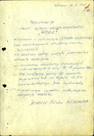 Postanowienie o wszczęciu śledztwa w sprawie zajść (szczególnie w sprawie użycia broni przez funkcjonariuszy ZOMO) w KWK Wujek w Katowicach 16 XII 1981 r. (AIPN Ka 841/1, k.