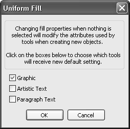 96 CorelDRAW X3 Ćwiczenia praktyczne Musisz pamiętać, aby przed skorzystaniem z narzędzia Fill Tool ( ) wskazać obiekt, gdyż w przeciwnym razie pojawi się okno umożliwiające zmianę ustawień