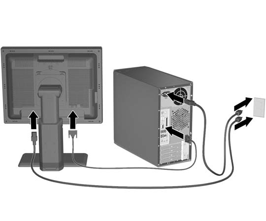 Krok 5: Podłącz kable zasilające Podłącz kable zasilające i kabel monitora zgodnie z ilustracją. Włącz monitor, następnie uruchom komputer. OSTRZEŻENIE!