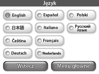Język Pressing the "Language" button opens the language screen, where you can select the language for the