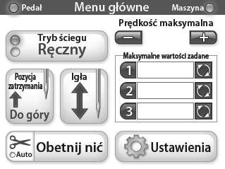 Tryb fastrygowania Podczas pracy w trybie fastrygowania, maszyna szyje w określonym czasie. Prędkość fastrygowania / Tryb fastrygowania Jest to aktualnie wybrane ustawienia fastrygowania.