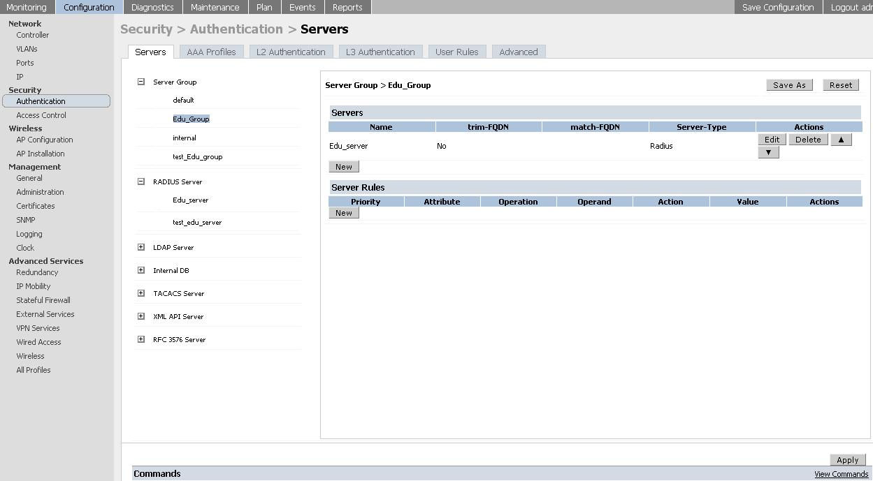 Wpisujemy dowolną nazwę (w tym przypadku Edu_Group) i wybieramy Add. W części Servers dodajemy zdefiniowany wcześniej serwer Radiusa (Edu_server) i wybieramy Apply.