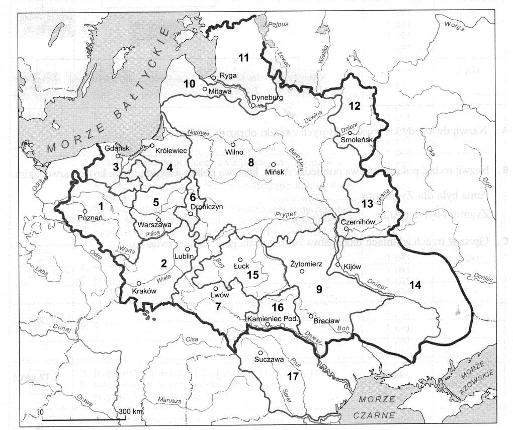 5. Oto mapka z zarysem granic oraz podziałów wewnętrznych w różnych okresach istnienia polsko-litewskiego państwa. Na jej podstawie wykonaj zadania A, B i C. (6 p.) A.