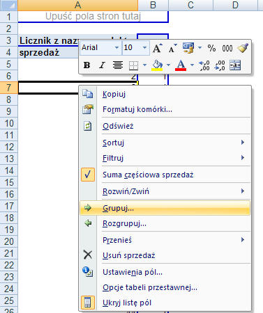 W kolejnym kroku klikamy kolumnę sprzedaż prawym klawiszem myszy i wybieramy polecenie Grupuj.