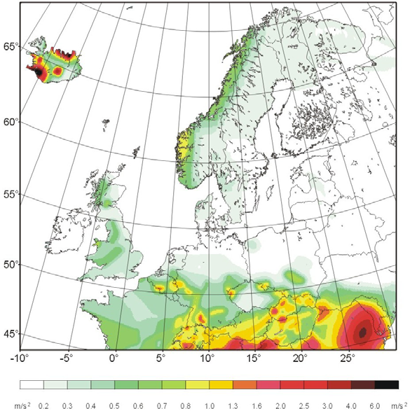 131 Ryc. 2. Mapa ryzyka sejsmicznego Europy Środkowej i Północnej wyrażonego w postaci maksymalnych przyspieszeń a gr (okres powrotu 475 lat).