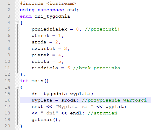 Typy wyliczeniowe Służą do łatwiejszej kontroli nad stałymi Ustawianie parametrów o ściśle