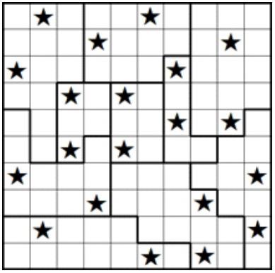 9. STARBATTLE 40 punktów Umieść po dwie gwiazdki w każdym rzędzie, kolumnie oraz zaznaczonym obszarze. Gwiazdki nie mogą stykać się ze sobą, nawet rogiem.