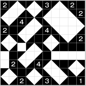 12. SHAKASHAKA 50 punktów Umieść czarne trójkąty w niektórych białych polach (trójkąty muszą zajmować połowę pola, a najdłuższy bok trójkąta musi pokrywać się z jedną z przekątnych pola).