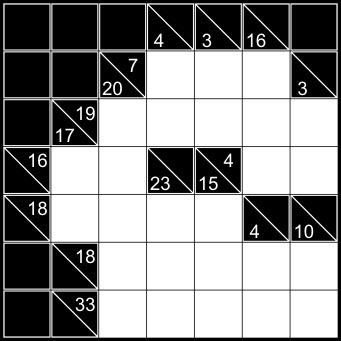 5. KAKURO 23 punkty W każde puste pole diagramu wpisz jedną z cyfr od 1 do 9. Cyfry wpisane w białe pola, jeśli nie są przedzielone czarnym polem, tworzą ciąg.