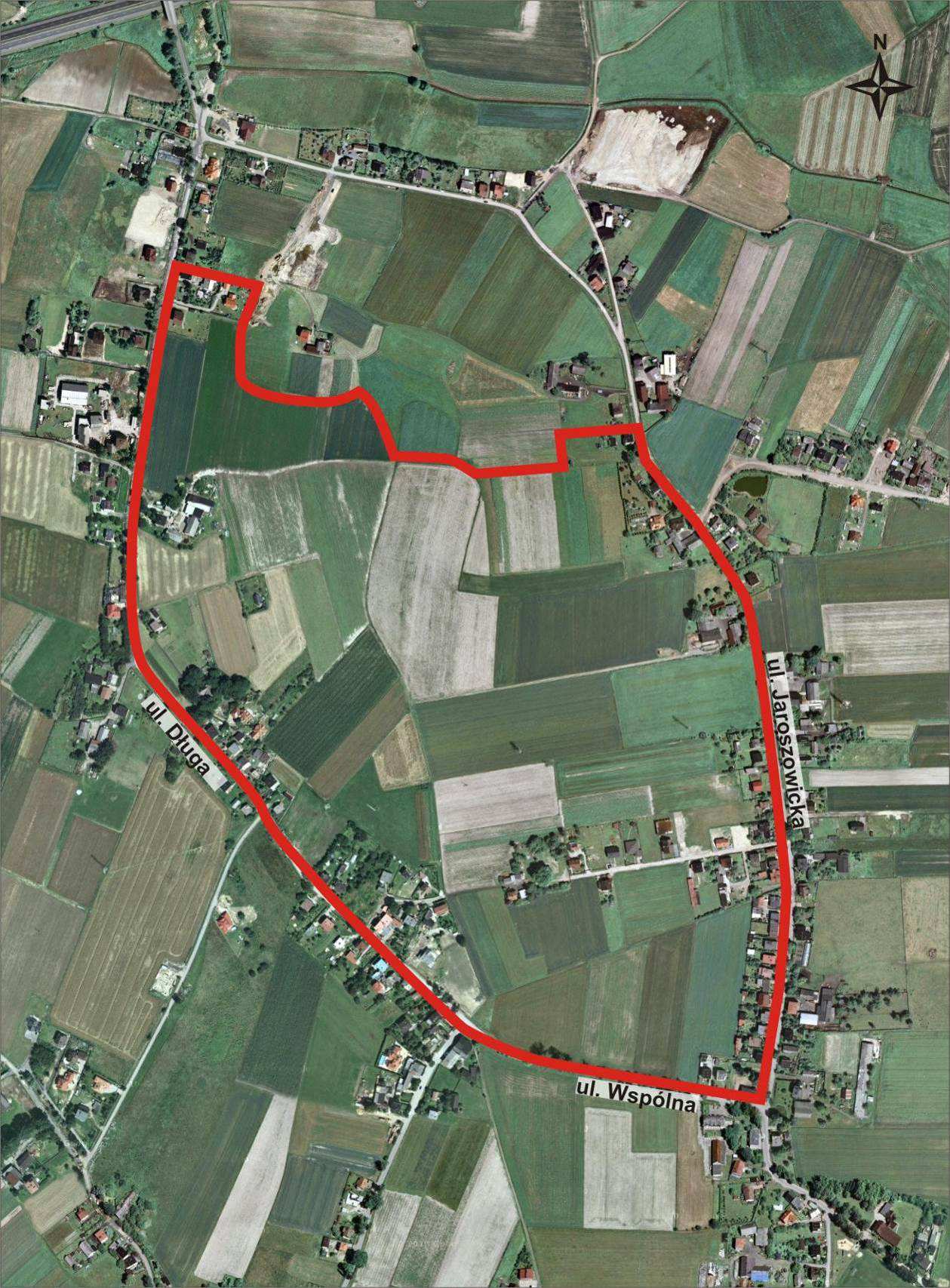 Rysunek 3 Lokalizacja terenu objętego ustaleniami mpzp na tle ortofotomapy Źródło: Geoportal, zmodyfikowane