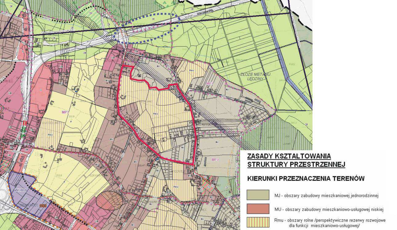 Rysunek 1 Studium uwarunkowań i kierunków zagospodarowania przestrzennego MP3 oznaczono teren dla którego przewiduje się opracować mpzp studium wskazuje tu jako cele sporządzenia planu miejscowego: