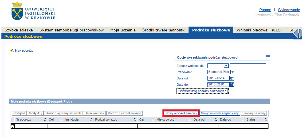 1. Aplikacja podróże służbowe jest dostępna na Portalu Informacyjnym(PI) pracowników UJ, w zakładce