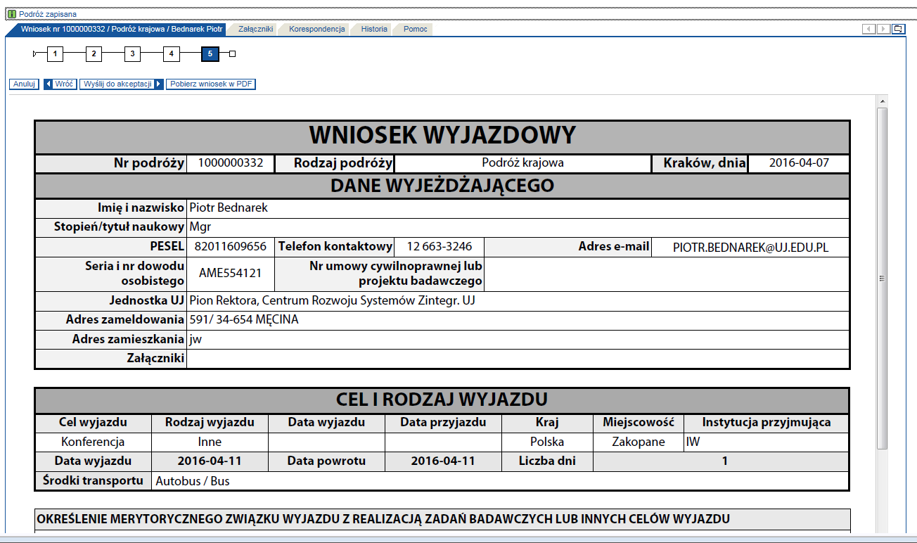 6. Ekran piąty - Formularz wniosku zawiera