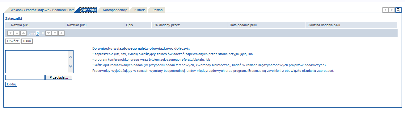 Na formularzu wniosku zawarte są wszystkie informacje, które zostały wypełnione w poprzednich etapach: - automatycznie wygenerowany przy zapisie nr podróży(wniosku).