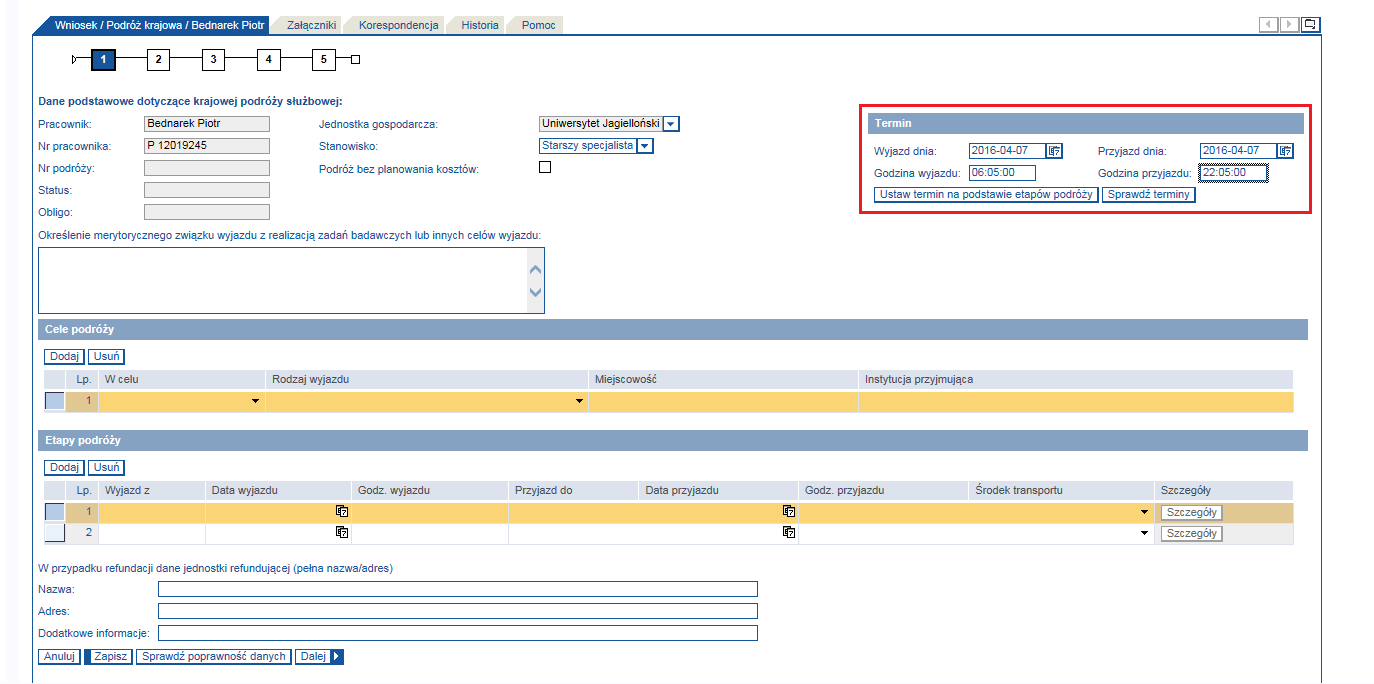 W części Termin należy wprowadzić daty podroży oraz ewentualnie godziny wyjazdu służbowego.
